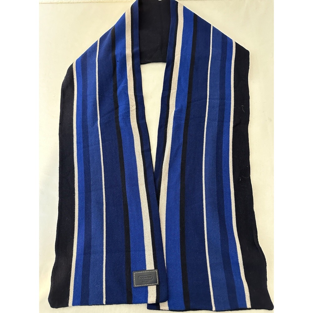 Coach Merino‎ Wool Reversible Scarf Navy & Blue Stripe FLAW 59" X 7.5"